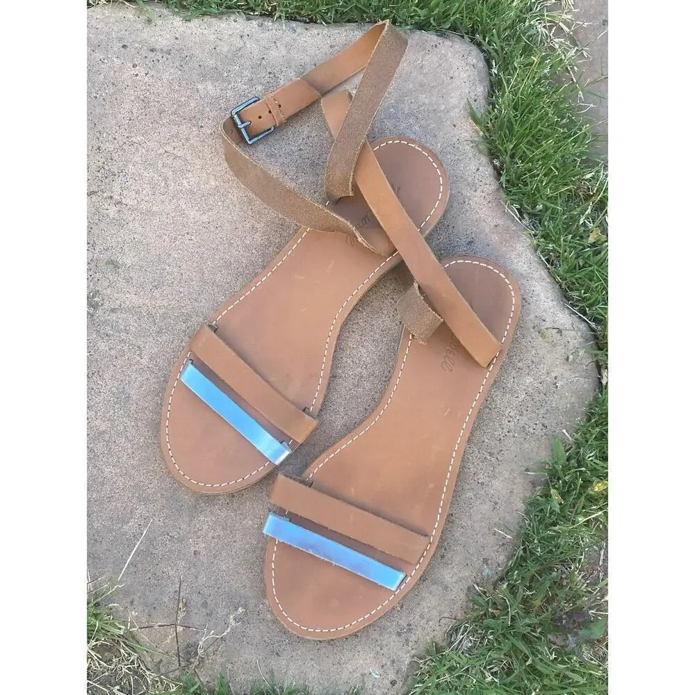 Madewell Sandals Women's Size 10 Ankle Strap Brown Silver Flat Heel Pre-owned